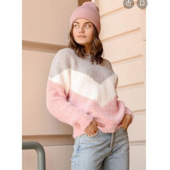 Lulus Women’s Grey Multi Color Block Eyelash Knit Sweater Size S # E588 - Picture 1 of 7